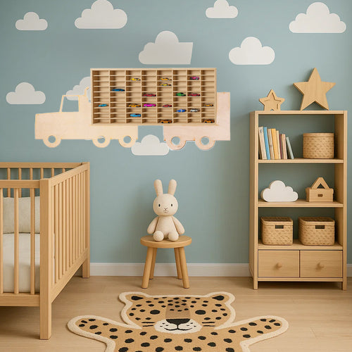 Raft organizator Montessori din lemn , Zola®, model camion, pentru colectionarii de masini, 80 compartimente, 79 x 40 x 4 cm Raft organizator Montessori din lemn , Zola®, model camion, pentru colectionarii de masini, 80 compartimente, 79 x 40 x 4 cm